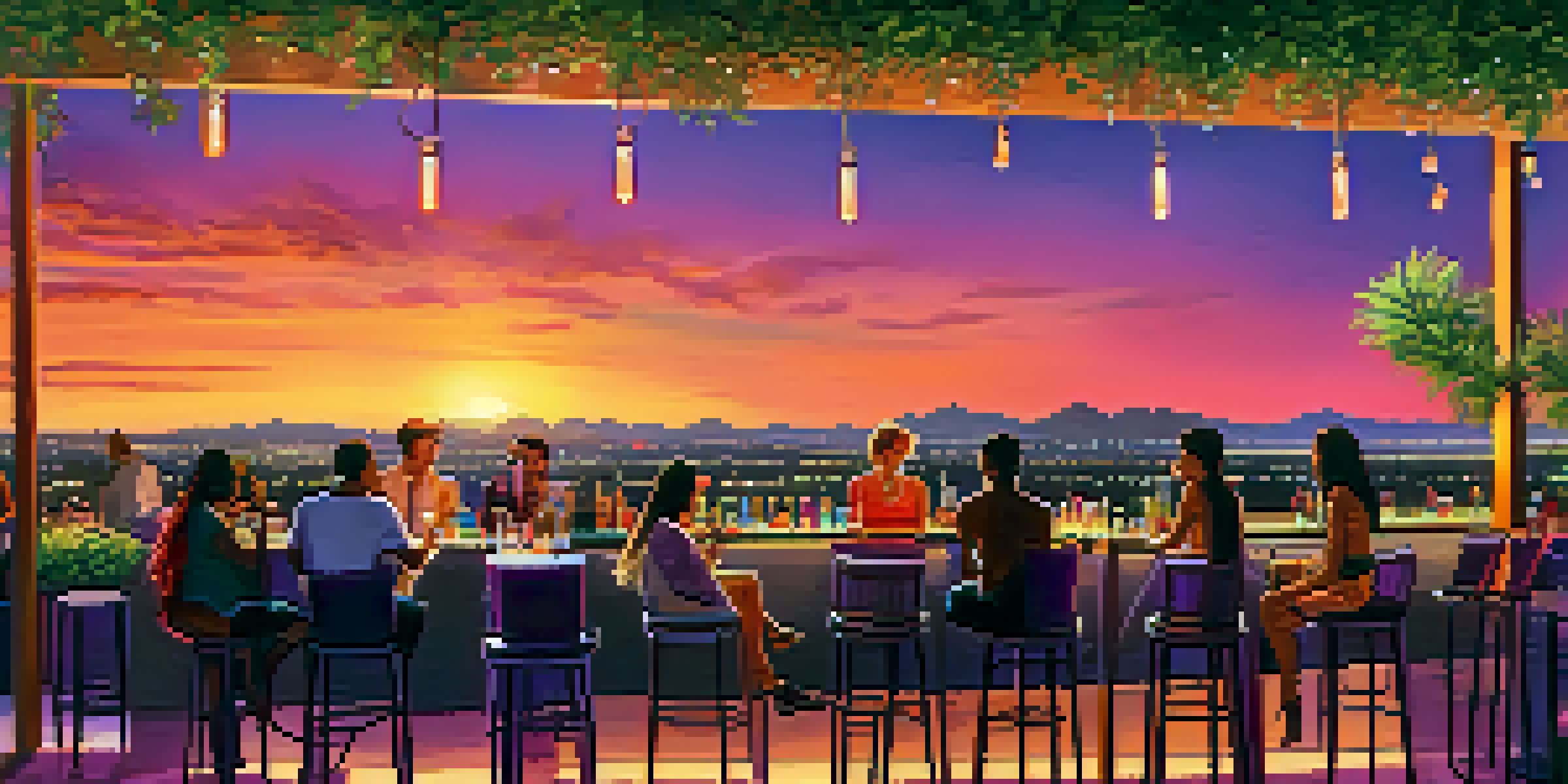 A rooftop bar in Phoenix during sunset, featuring colorful cocktails, patrons enjoying drinks, and a glowing skyline in the background.
