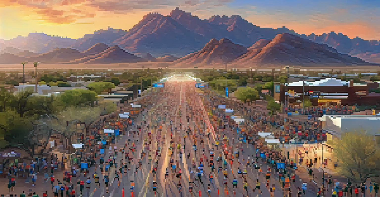 Aerial view of the Phoenix Marathon with runners and cheering volunteers, set against desert mountains.