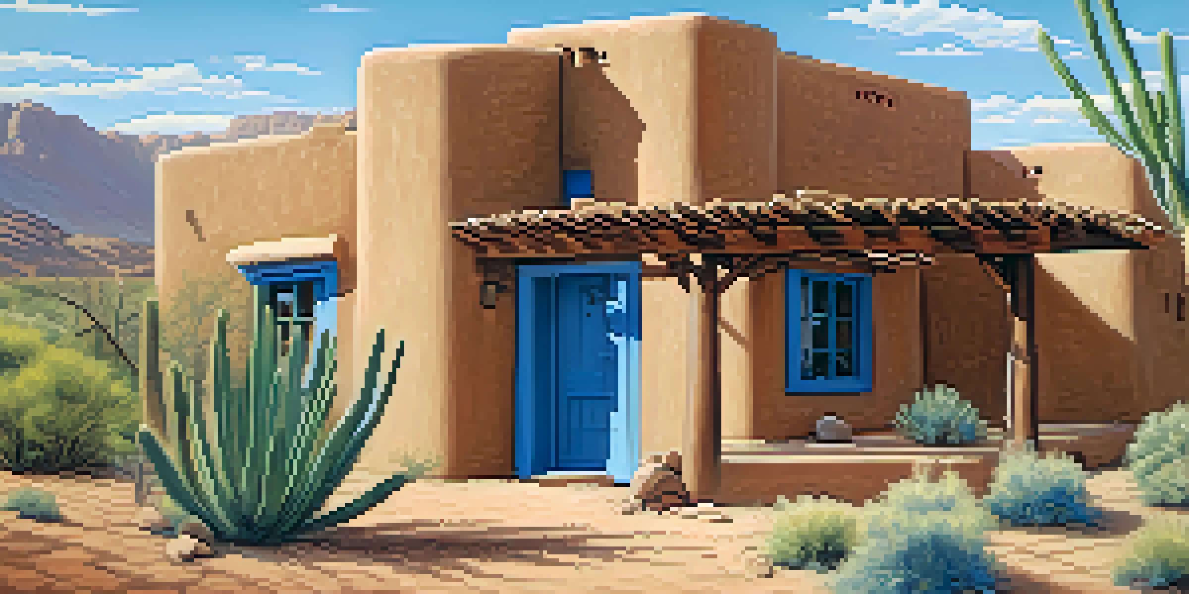 A charming adobe house with rounded corners and wooden beams, surrounded by desert plants and a bright blue sky.