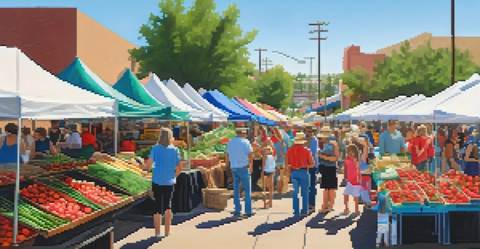 A lively farmer's market in Phoenix filled with colorful stalls of fresh produce and families enjoying the spring festivities.