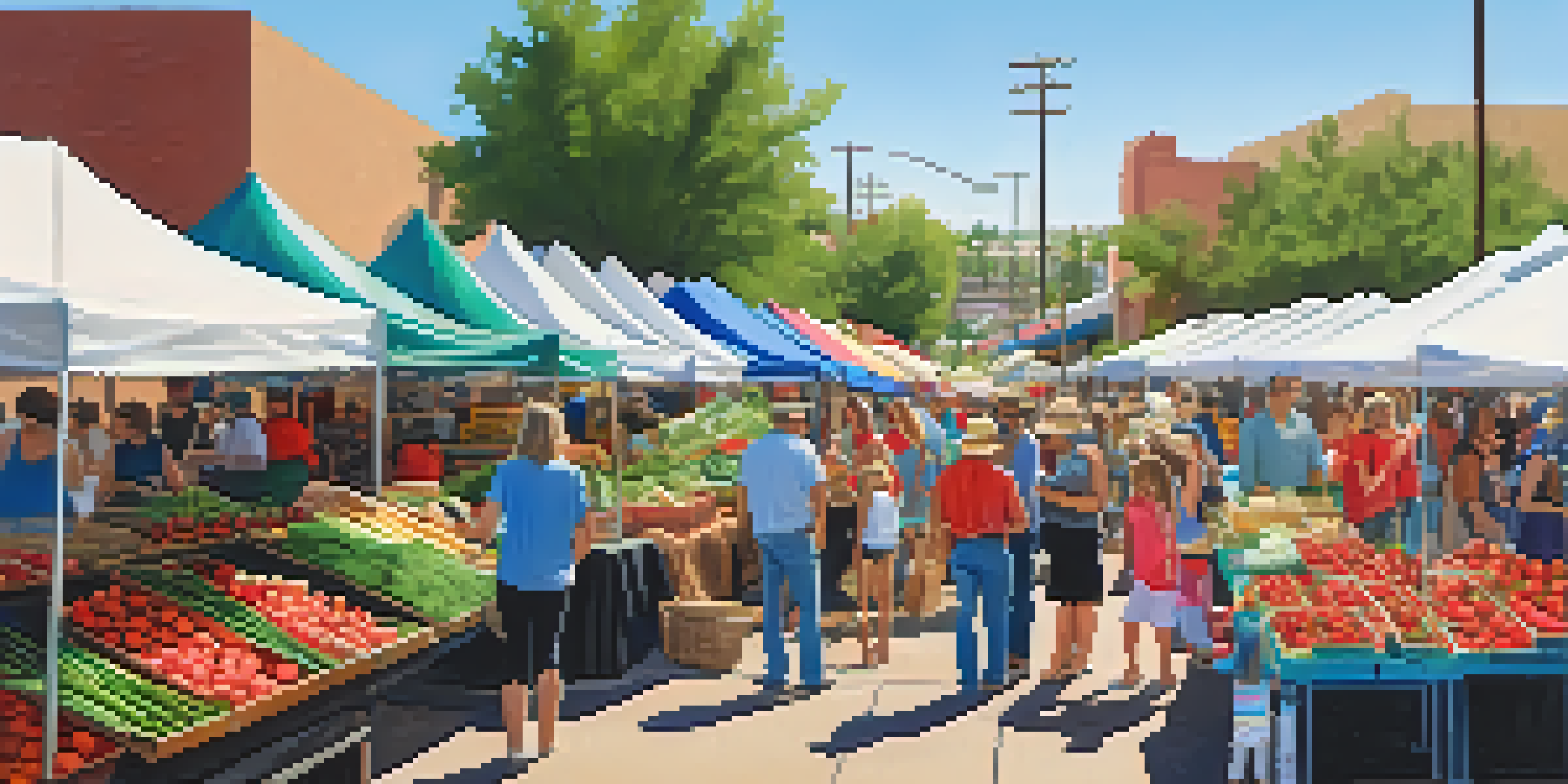 A lively farmer's market in Phoenix filled with colorful stalls of fresh produce and families enjoying the spring festivities.