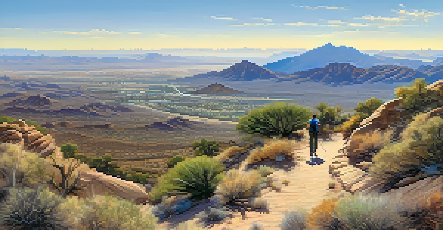 A person hiking with their dog on a trail in South Mountain Park, with a panoramic view of the desert landscape and city in the background.
