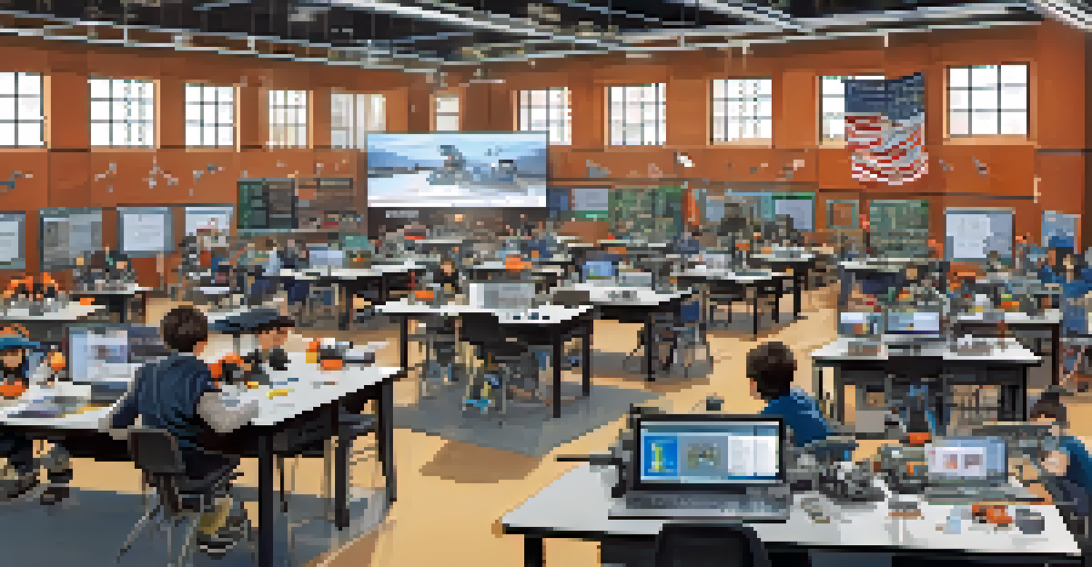Students engaged in a robotics competition in a lively classroom, with robots, tools, and a scoreboard in the background.