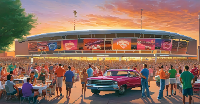 A lively tailgating scene with fans in team jerseys grilling food and enjoying games outside a sports stadium at sunset.