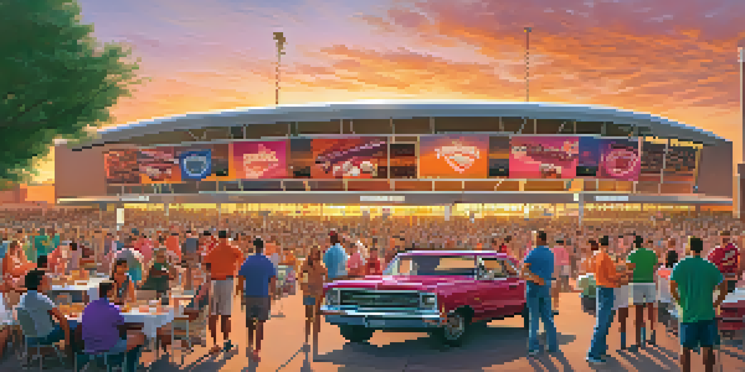 A lively tailgating scene with fans in team jerseys grilling food and enjoying games outside a sports stadium at sunset.