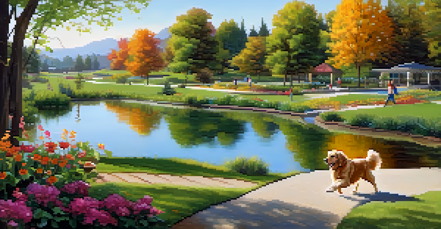 Dogs running freely in Steele Indian School Park with a golden retriever splashing in a lake.