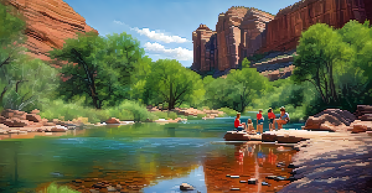 A peaceful scene of Oak Creek with greenery and red rock formations, featuring a family enjoying a picnic.