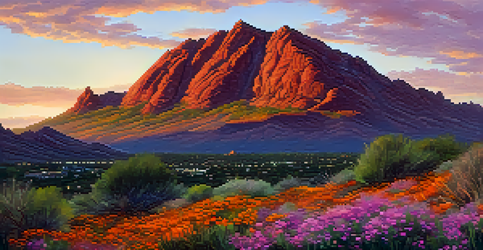 A picturesque sunrise over Camelback Mountain, featuring colorful wildflowers in the foreground and a hiker enjoying the view.