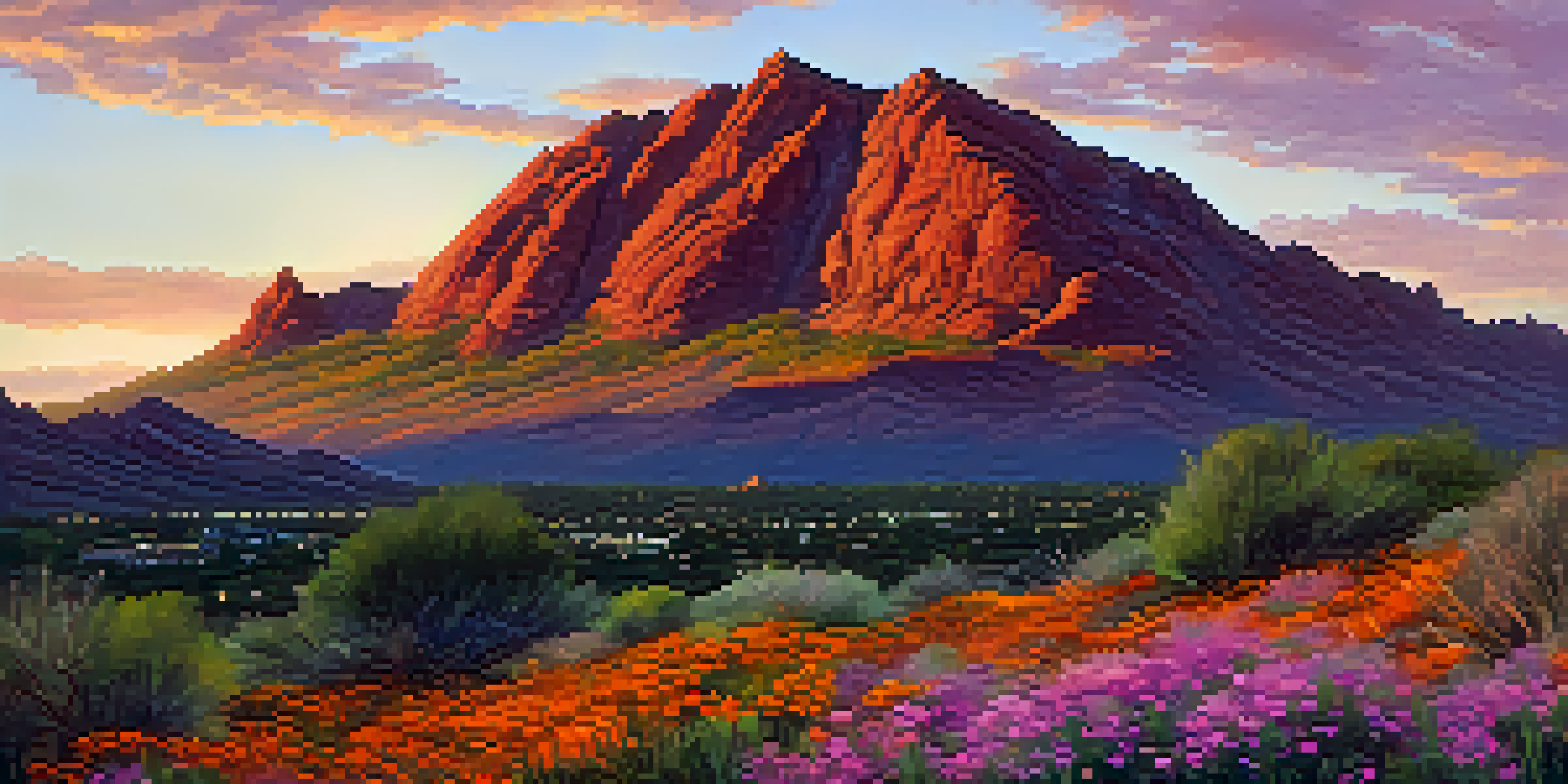 A picturesque sunrise over Camelback Mountain, featuring colorful wildflowers in the foreground and a hiker enjoying the view.