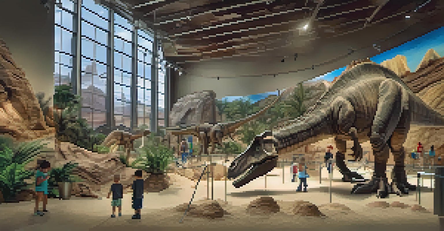 Children in the Dinosaur Hall at the Arizona Science Center, digging for fossils near life-sized dinosaur replicas.