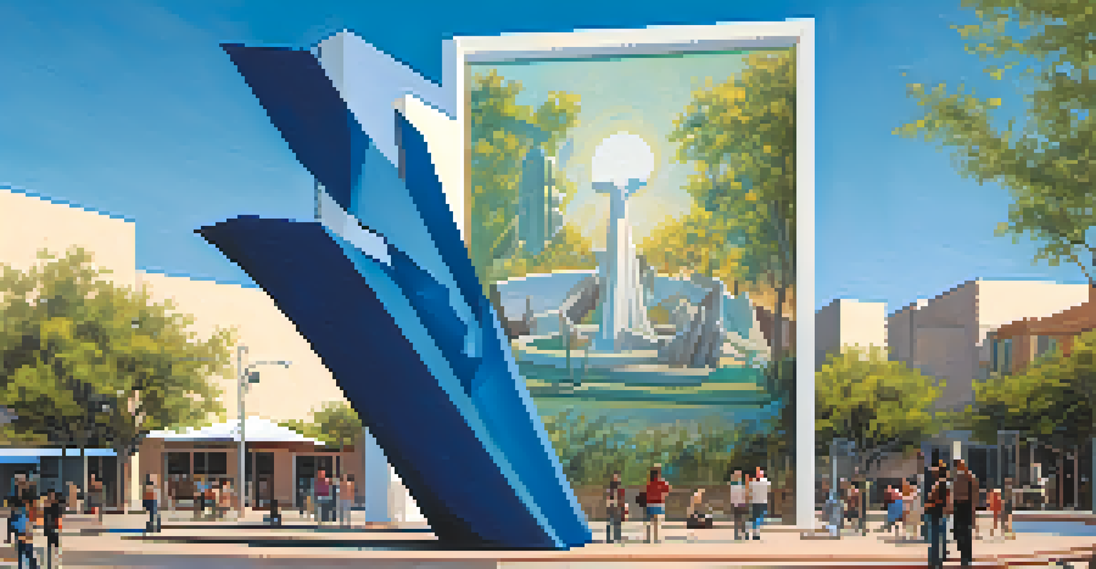 A large sculpture representing resilience in a vibrant urban area, with diverse people interacting around it.