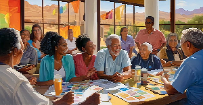 A vibrant community workshop in Phoenix with diverse residents engaged in discussions, colorful banners in the background, and warm sunlight illuminating the space.