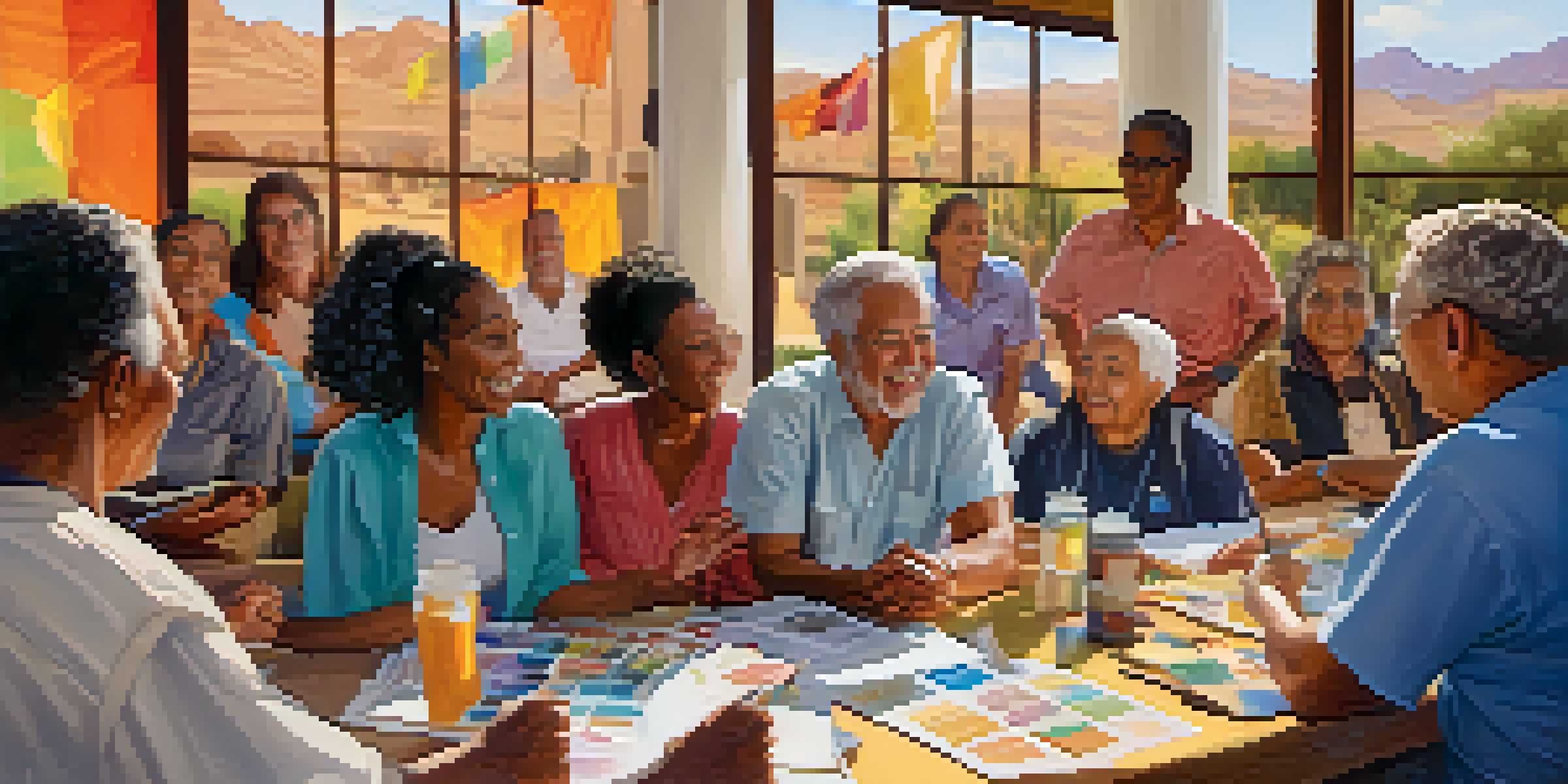 A vibrant community workshop in Phoenix with diverse residents engaged in discussions, colorful banners in the background, and warm sunlight illuminating the space.