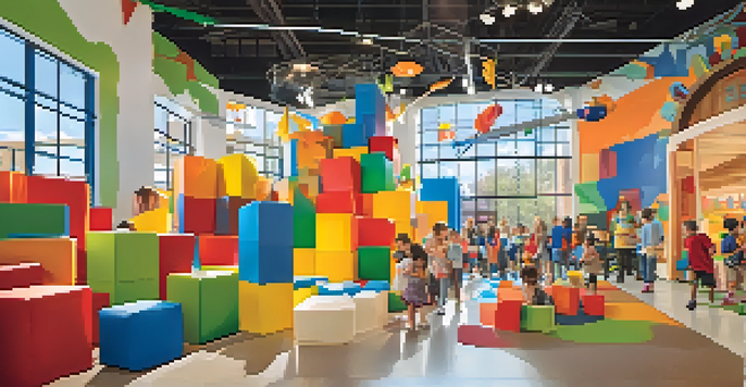 Children playing with giant foam blocks in an interactive exhibit at the Phoenix Children's Museum, with colorful murals and bright natural light.