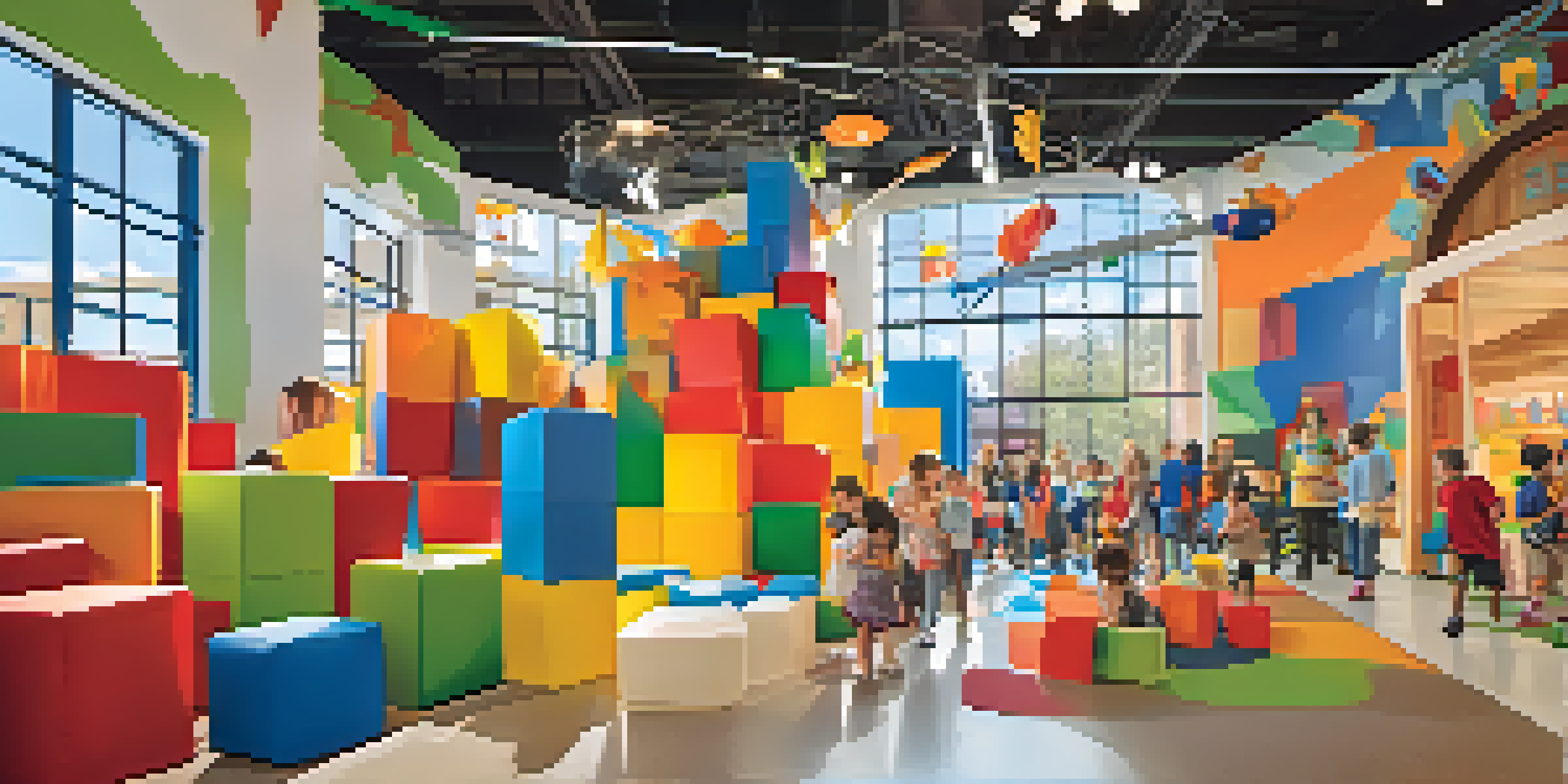 Children playing with giant foam blocks in an interactive exhibit at the Phoenix Children's Museum, with colorful murals and bright natural light.