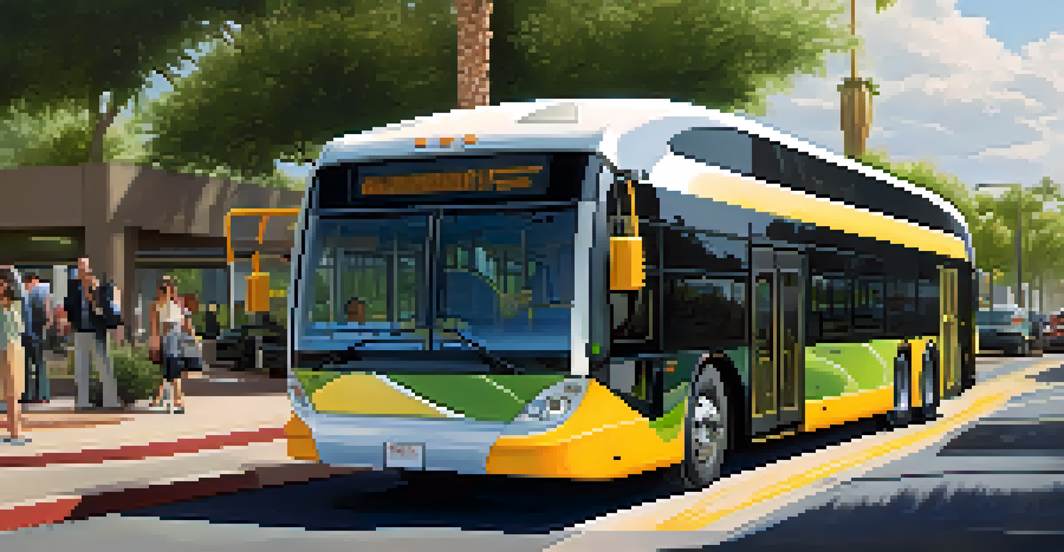 A close-up of an electric bus at a transit stop in Phoenix, with passengers and city skyline in the background.