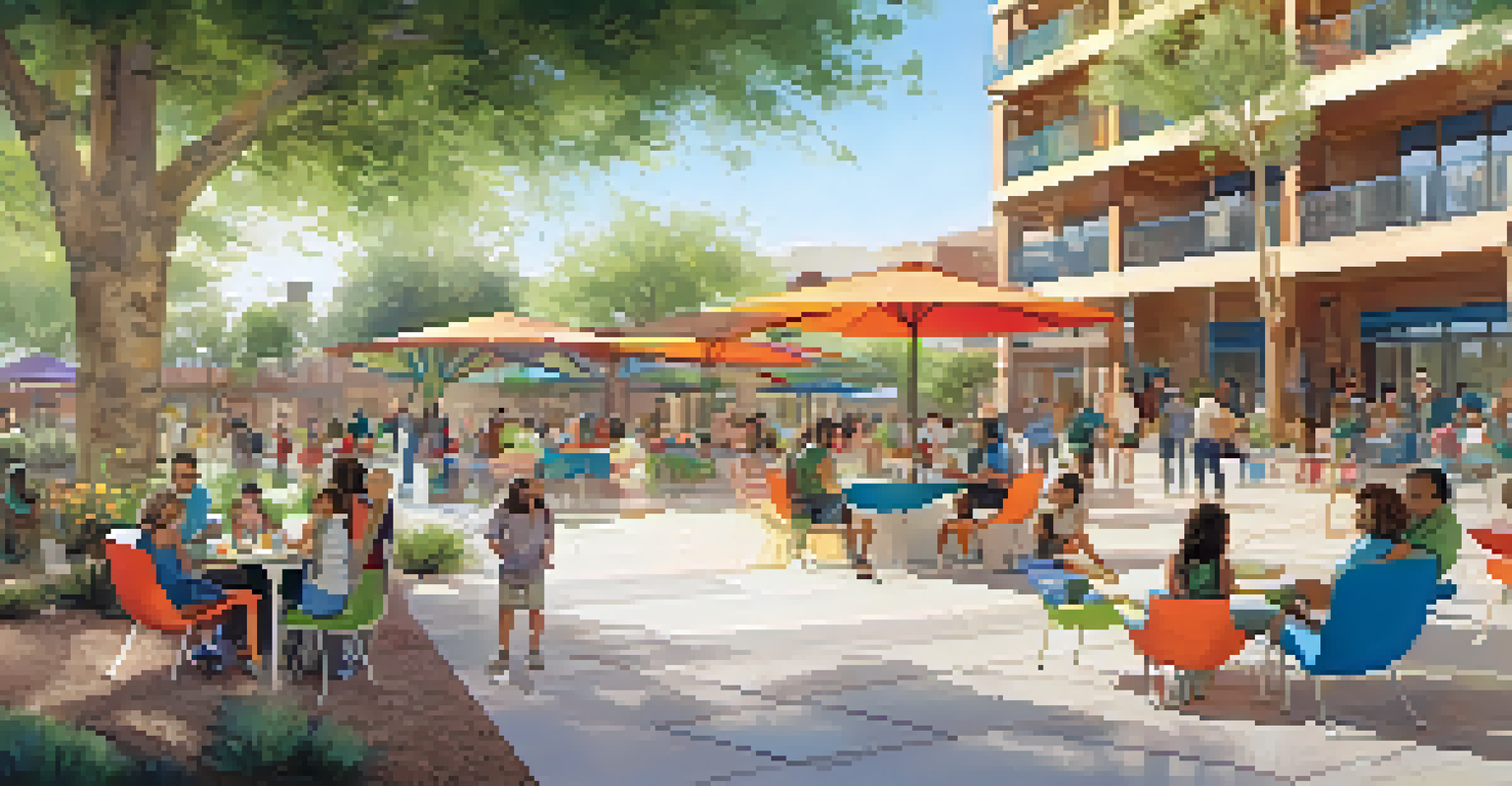 A lively community park in Phoenix featuring families in a colorful plaza with seating areas and greenery, under bright sunlight.