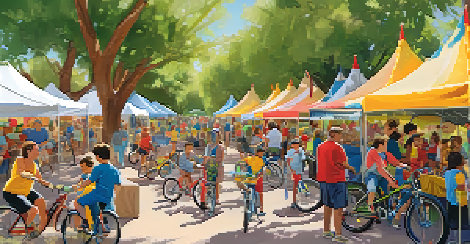 A community bike event in a park with families and friends enjoying refreshments and participating in a group bike ride.