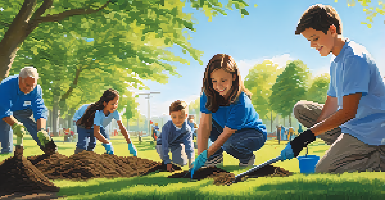 A family planting trees together in a park, promoting environmental stewardship and teamwork.