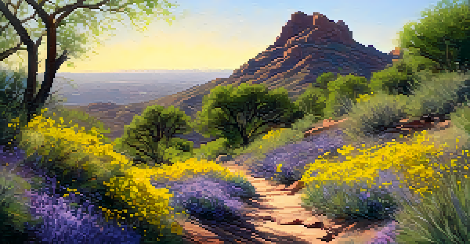 A hiking trail on Camelback Mountain in Phoenix adorned with blooming wildflowers and sunlight filtering through trees.