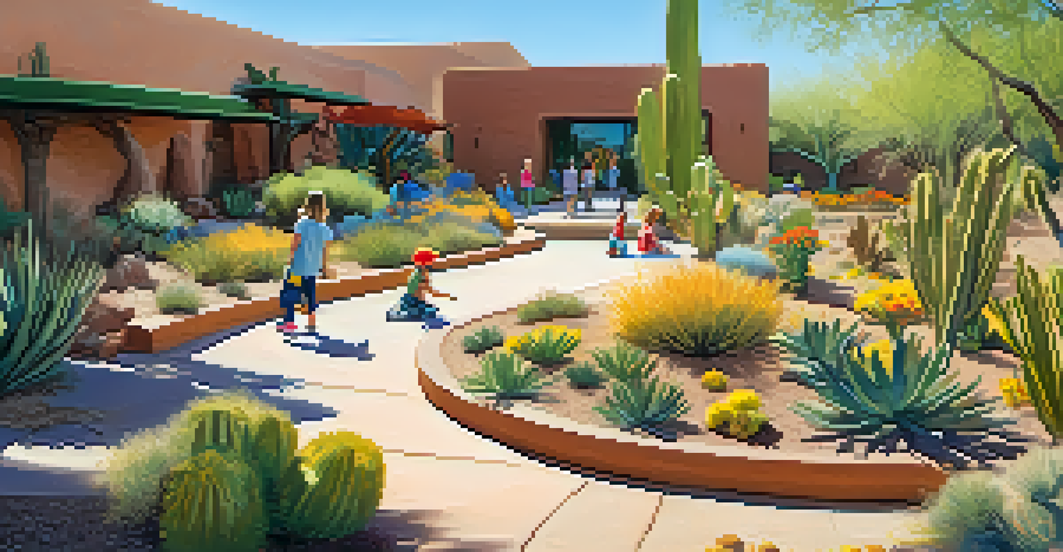 Children playing in a garden area designed for learning and exploration, surrounded by vibrant plants and colorful sculptures.