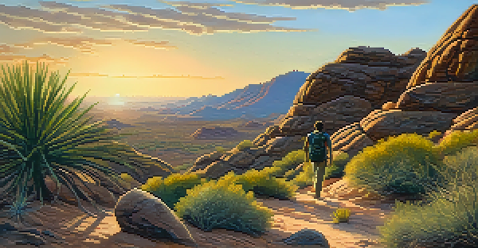A hiker on a quiet trail at South Mountain Park surrounded by beautiful rock formations and desert plants during sunset.