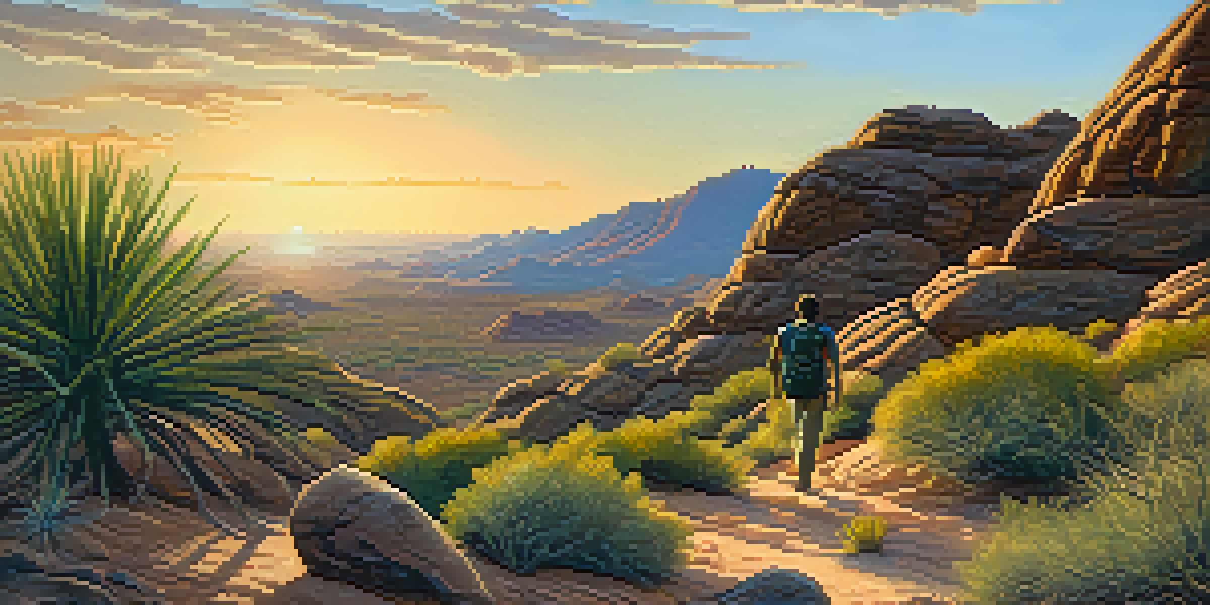 A hiker on a quiet trail at South Mountain Park surrounded by beautiful rock formations and desert plants during sunset.