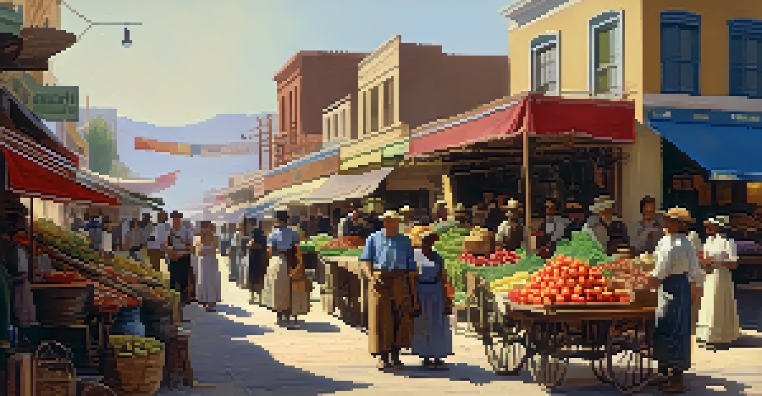 A lively market scene in late 19th century Phoenix, filled with diverse settlers selling produce under colorful awnings.