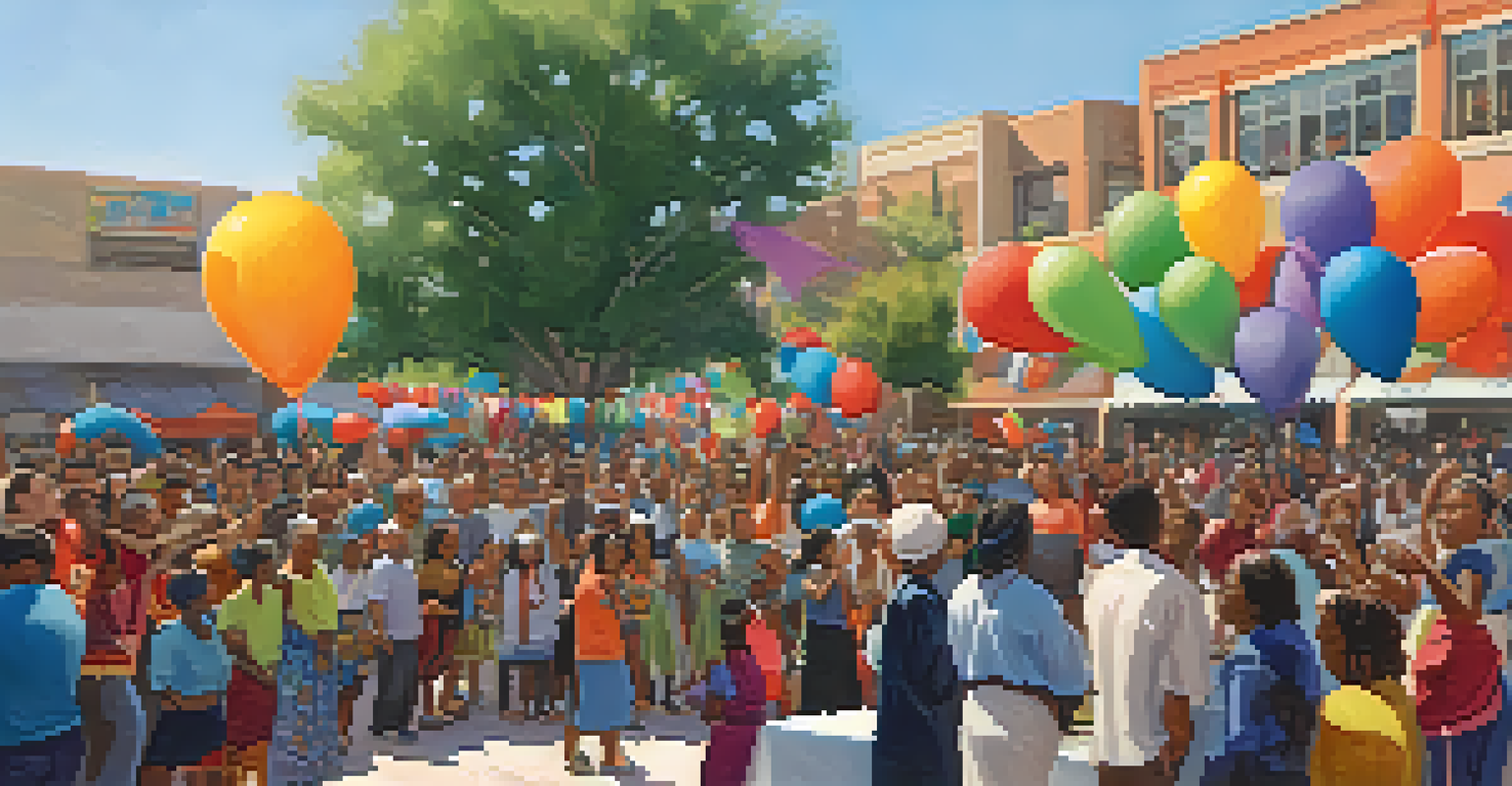 Residents celebrating community achievements in a Phoenix plaza, with leaders acknowledging efforts and a vibrant atmosphere.
