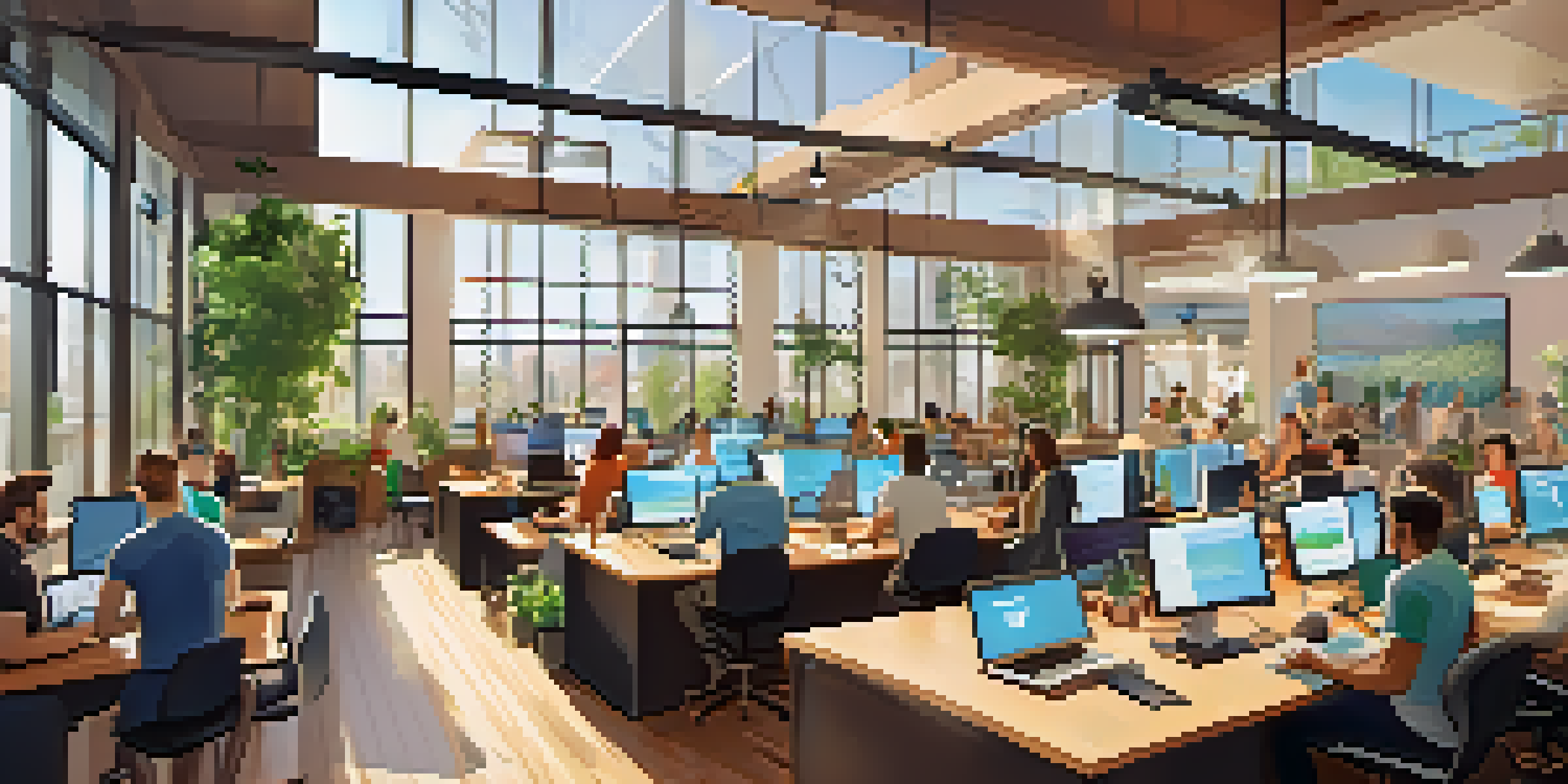 A modern co-working space in Phoenix with diverse entrepreneurs collaborating over laptops and brainstorming materials, illuminated by warm sunlight.