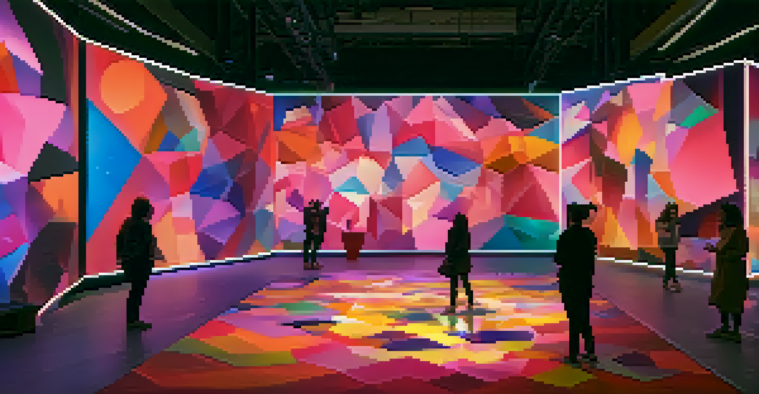 An interactive digital art installation with colorful geometric shapes in a dark room, where visitors can engage with the artwork.
