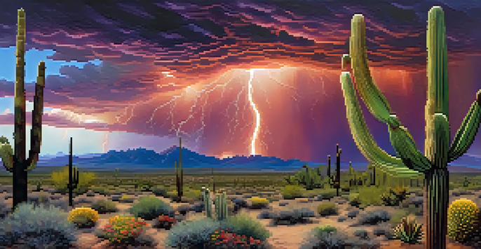 A panoramic view of a desert landscape in Phoenix during the summer monsoon season, featuring dark clouds and vibrant desert plants.