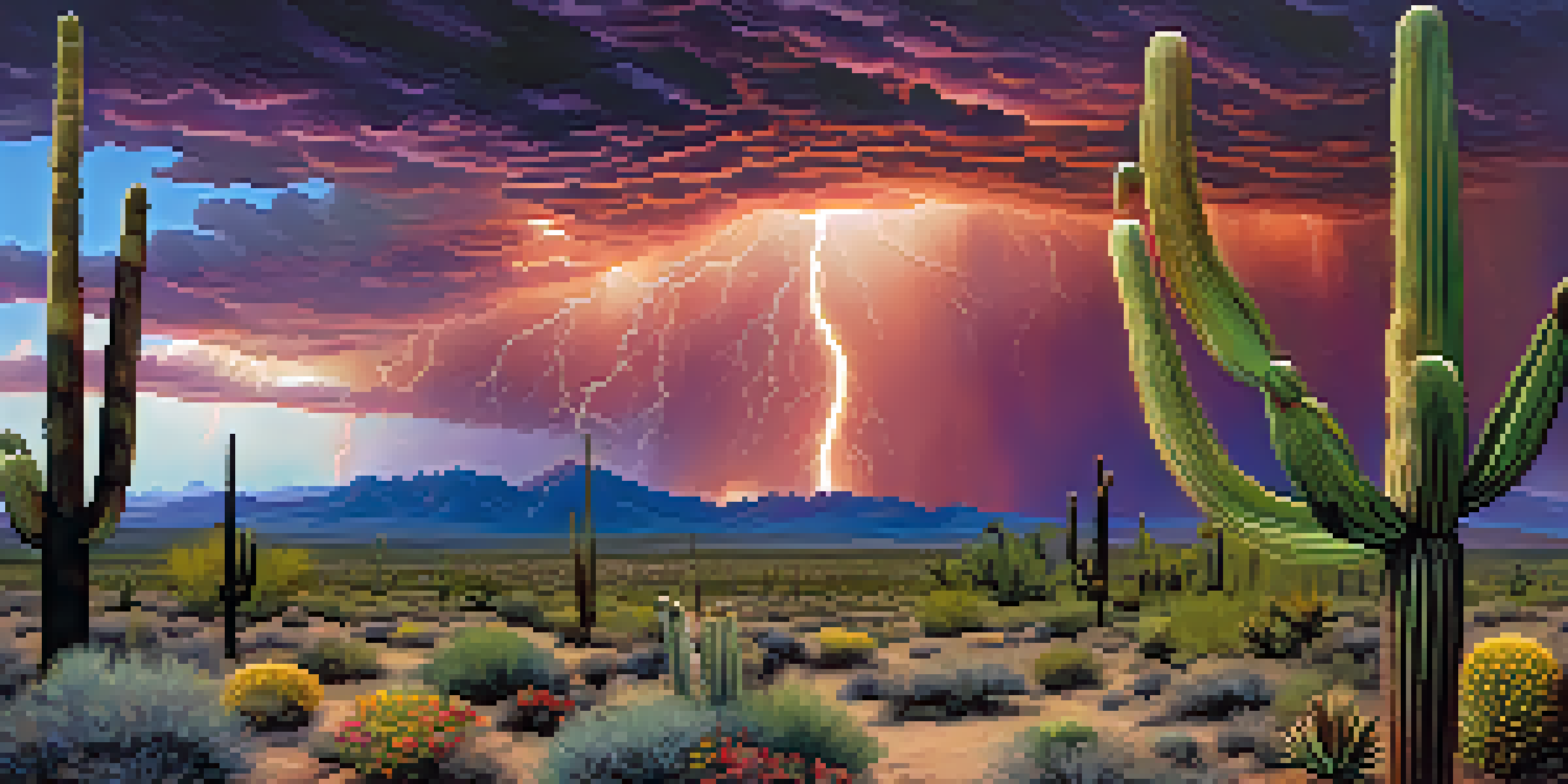 A panoramic view of a desert landscape in Phoenix during the summer monsoon season, featuring dark clouds and vibrant desert plants.