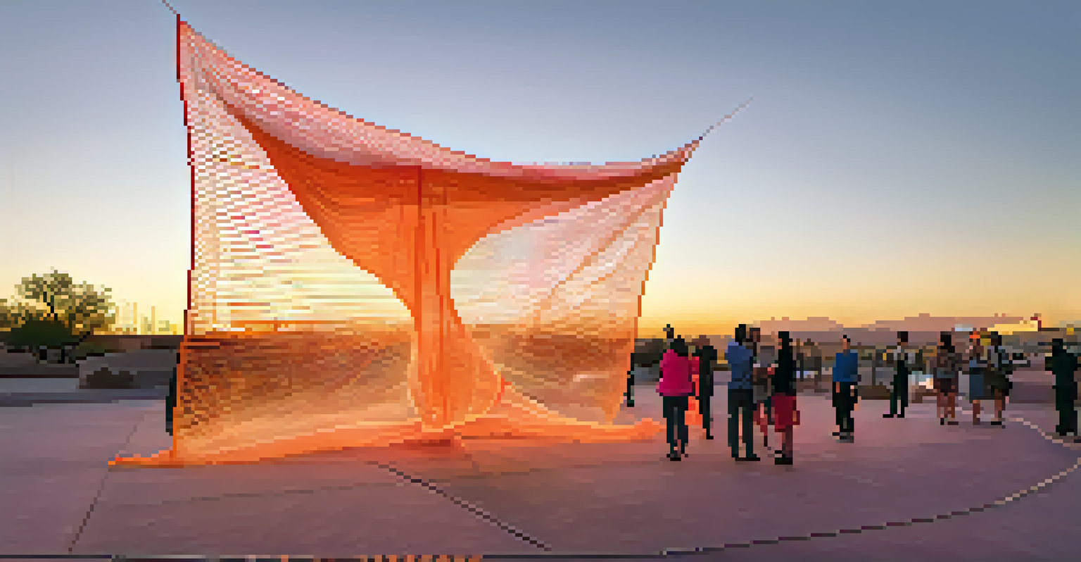The 'Her Secret Is Patience' sculpture at sunset, glowing in golden light with people admiring it.