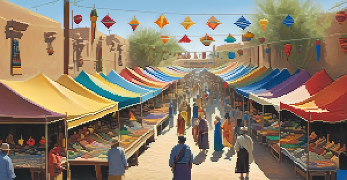 A lively artisan market in Phoenix with colorful stalls and artisans interacting with visitors, set against a desert landscape.