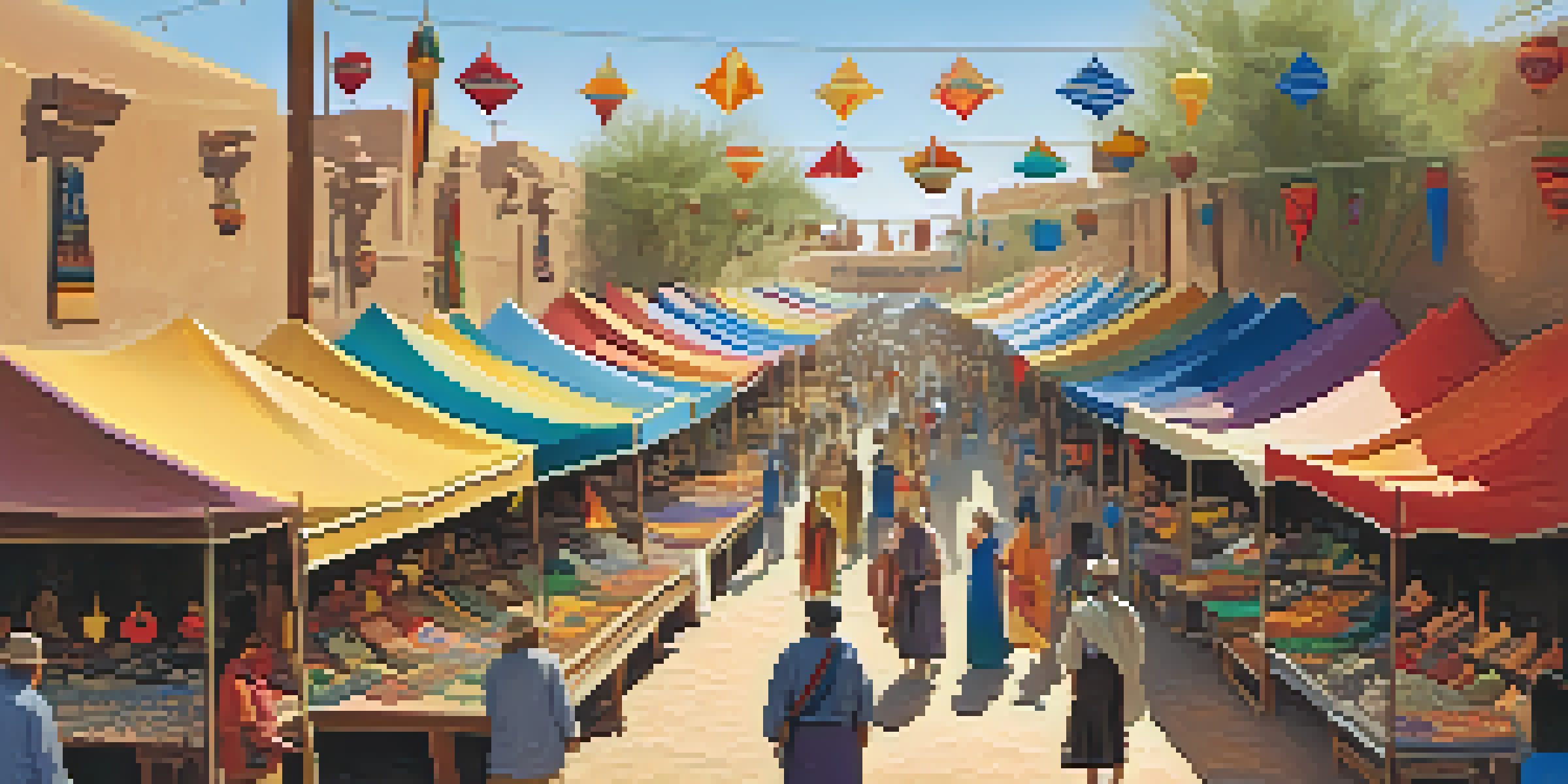 A lively artisan market in Phoenix with colorful stalls and artisans interacting with visitors, set against a desert landscape.