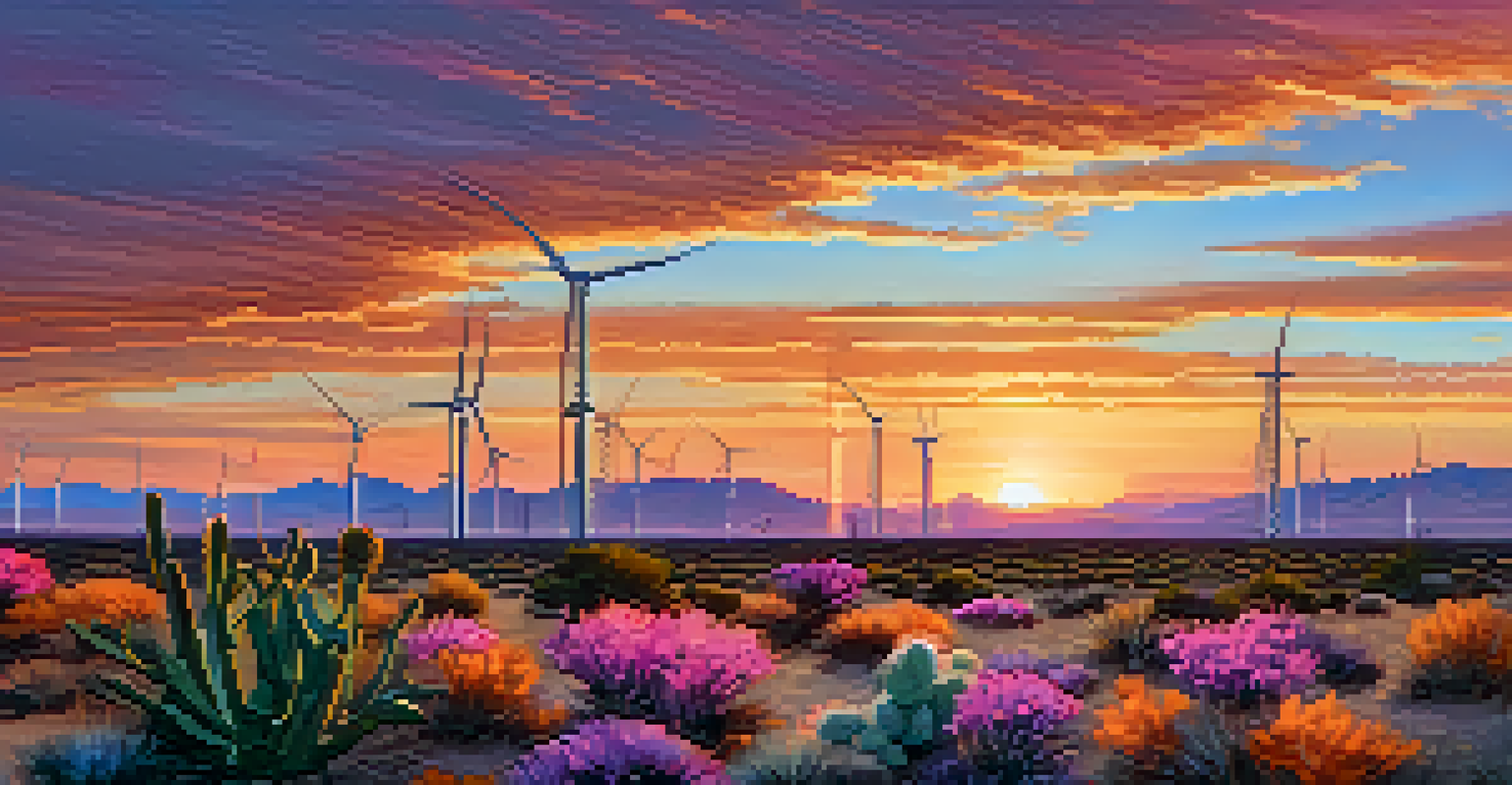 A sunset view of a wind farm in Phoenix, featuring wind turbines and vibrant desert flora under a colorful sky.