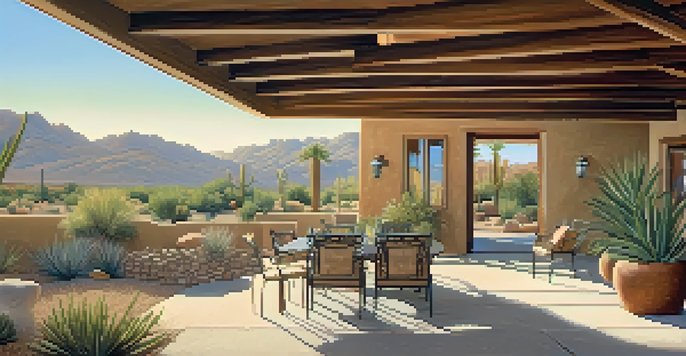 A beautiful adobe house in the desert with a shaded patio, surrounded by native plants and under a clear blue sky.