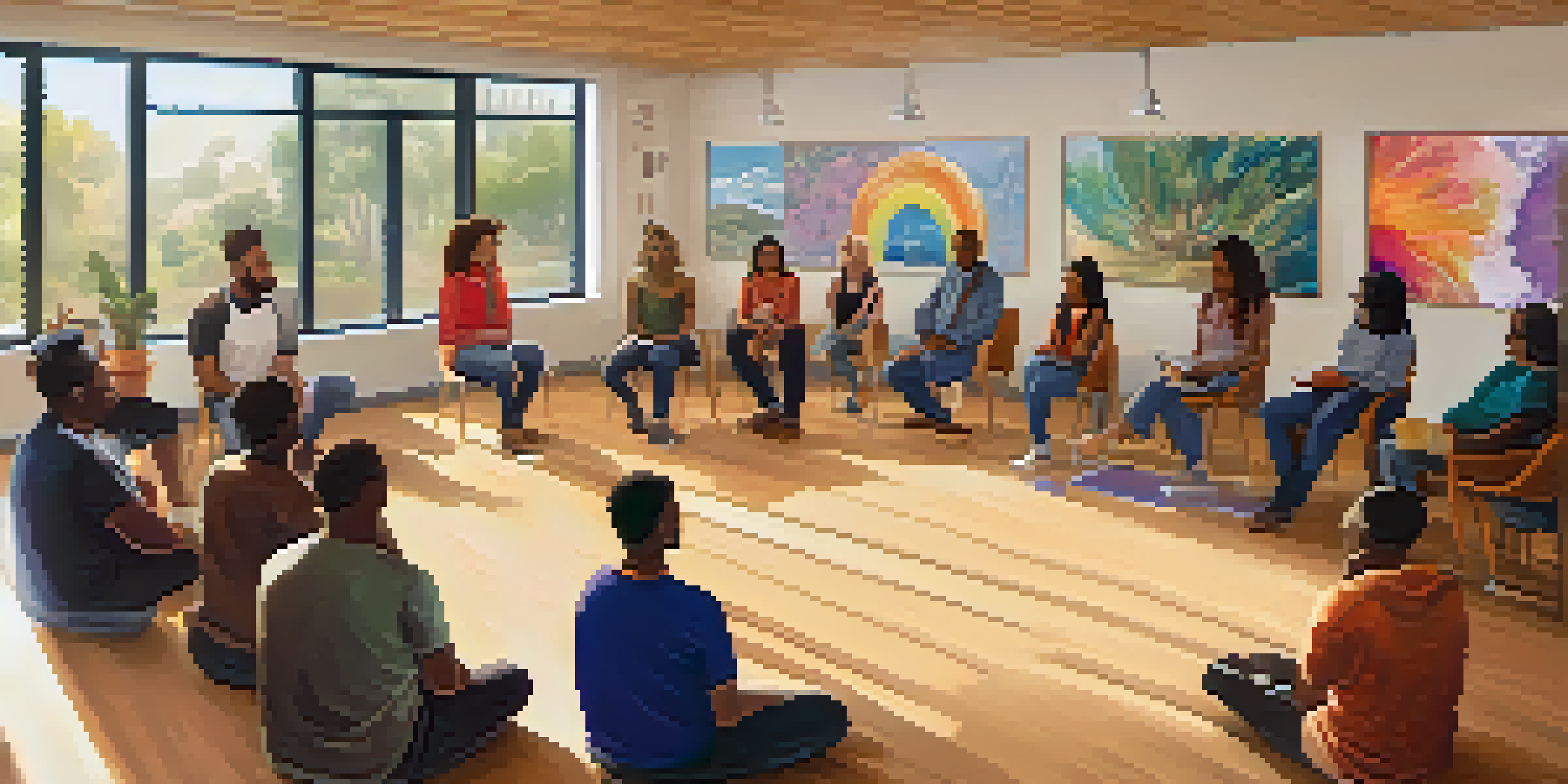 A bright community center in Phoenix with diverse individuals participating in a mental health workshop, surrounded by inspiring artwork.