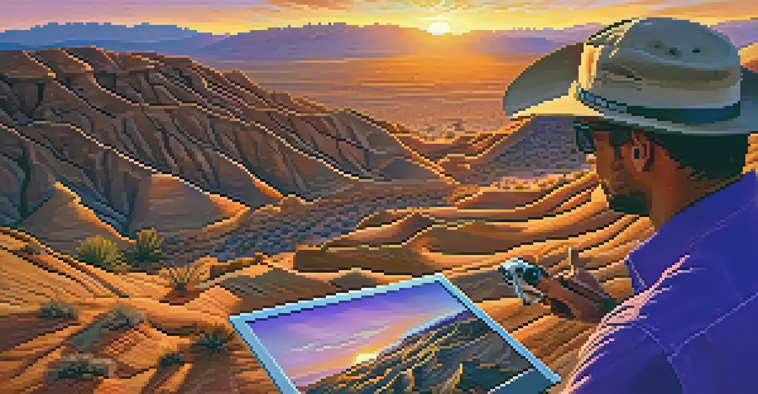 A photographer on a rocky outcrop using a drone to capture a breathtaking desert landscape at sunset.