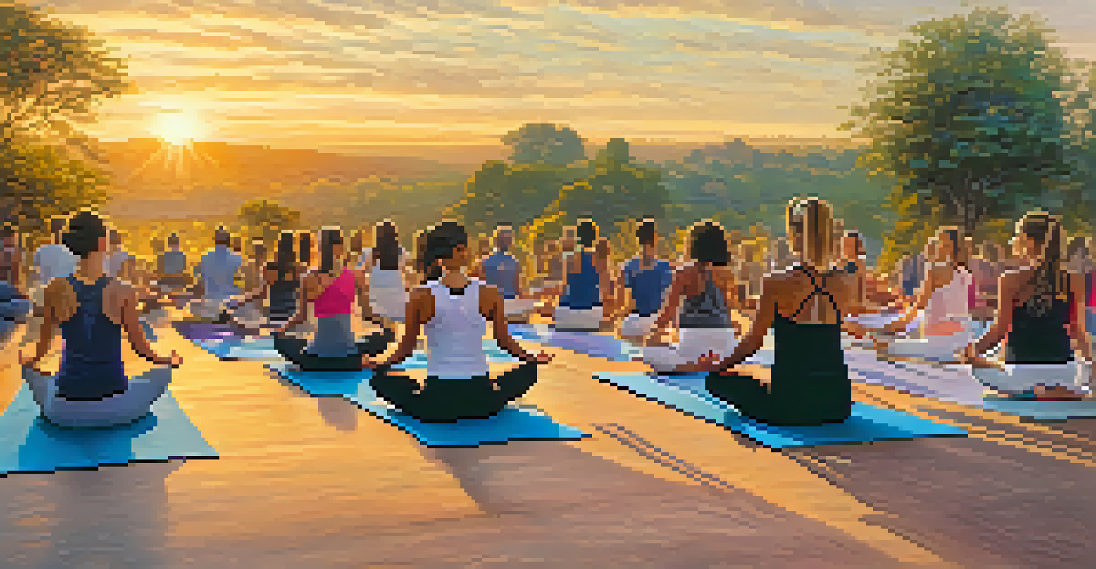 A dynamic Vinyasa flow yoga session outdoors at sunset, with practitioners moving fluidly between poses.