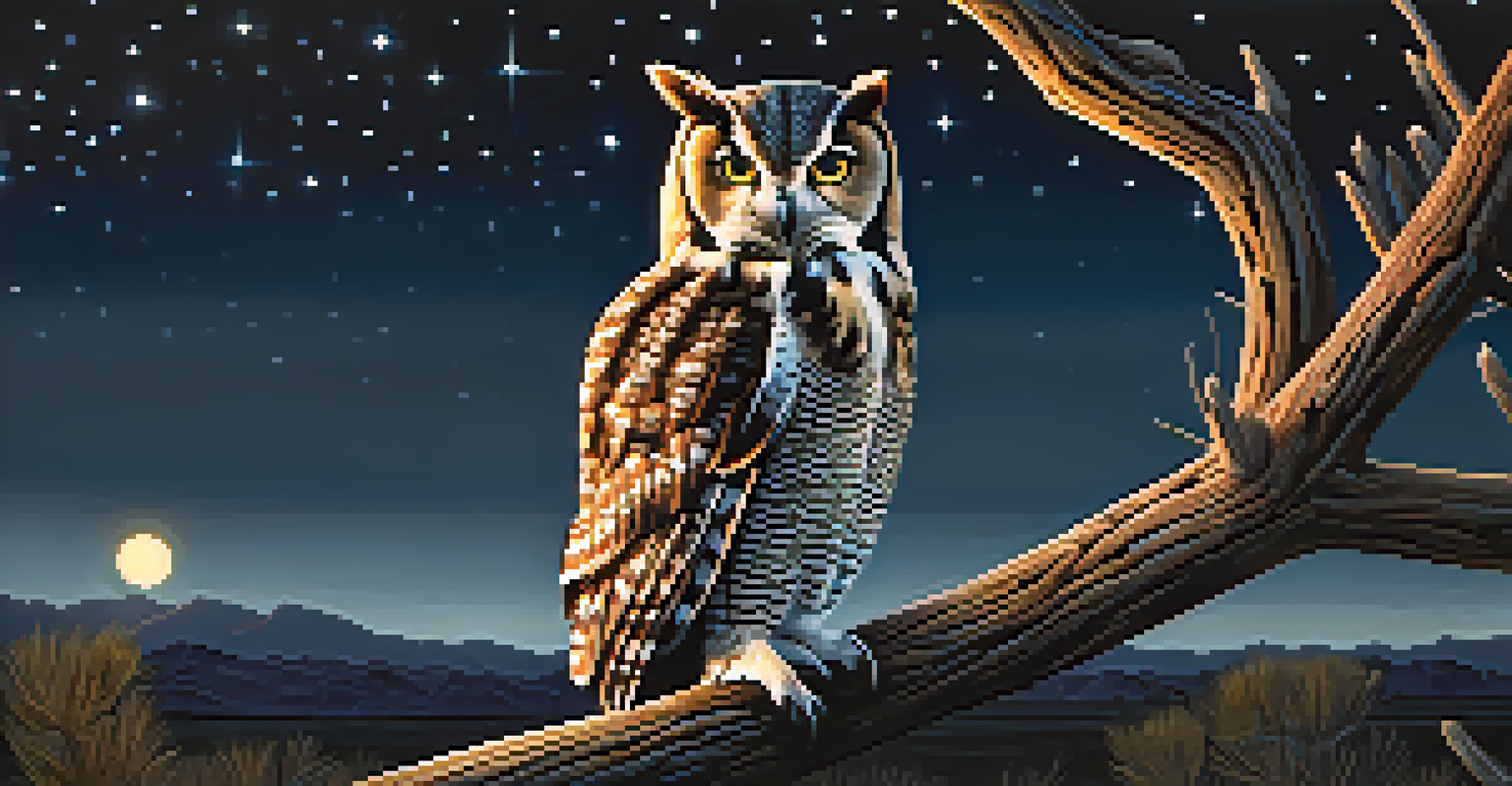 A close-up of a moonlit owl perched on a branch in a starry desert night.