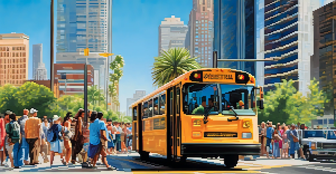A crowded bus stop in Phoenix with diverse commuters, modern skyscrapers, and palm trees under a clear blue sky.