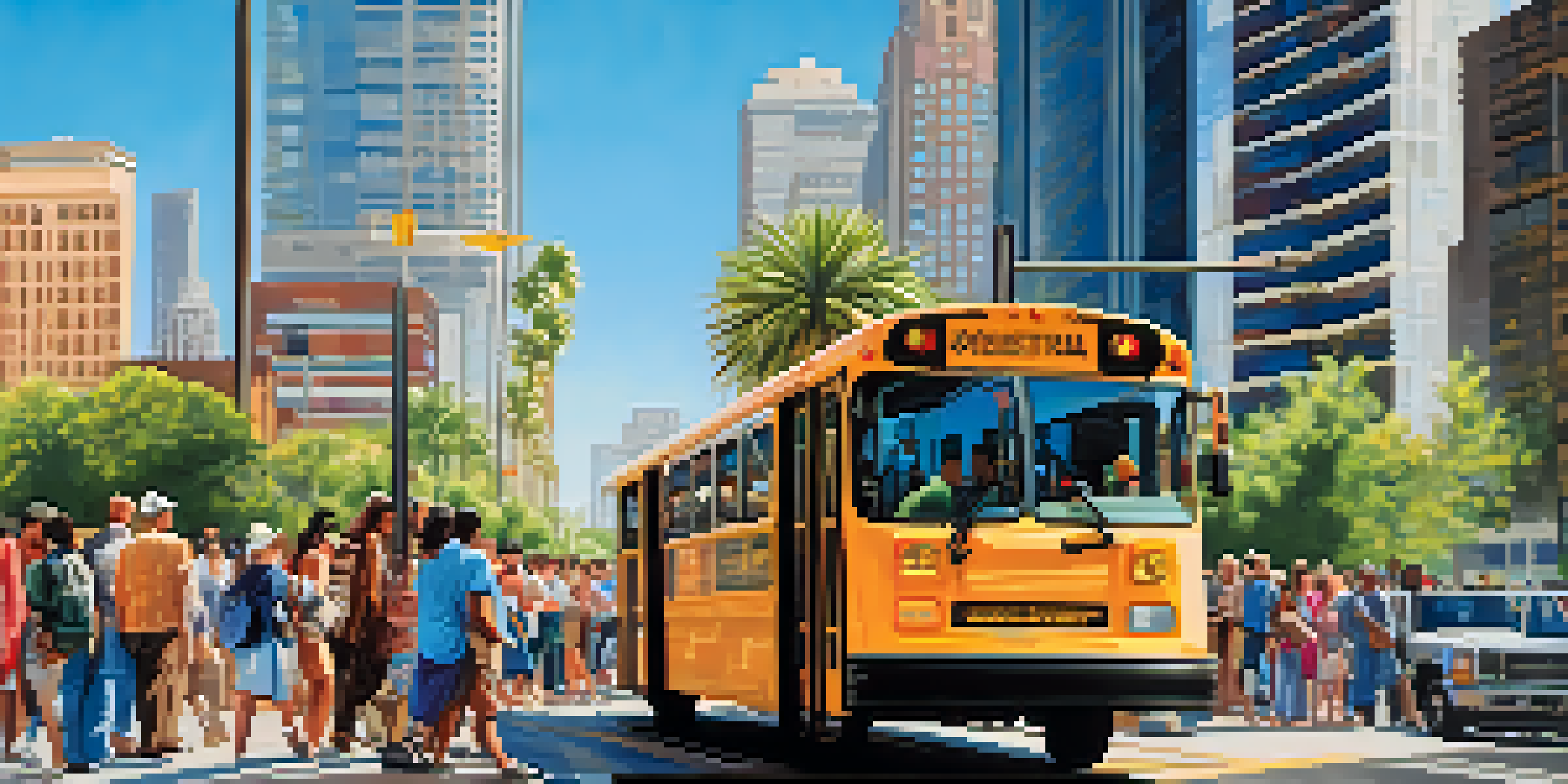 A crowded bus stop in Phoenix with diverse commuters, modern skyscrapers, and palm trees under a clear blue sky.