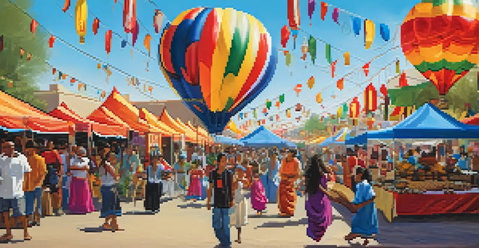 A lively community festival in Phoenix with diverse people celebrating different cultures, featuring colorful tents, music, dance, and food stalls.