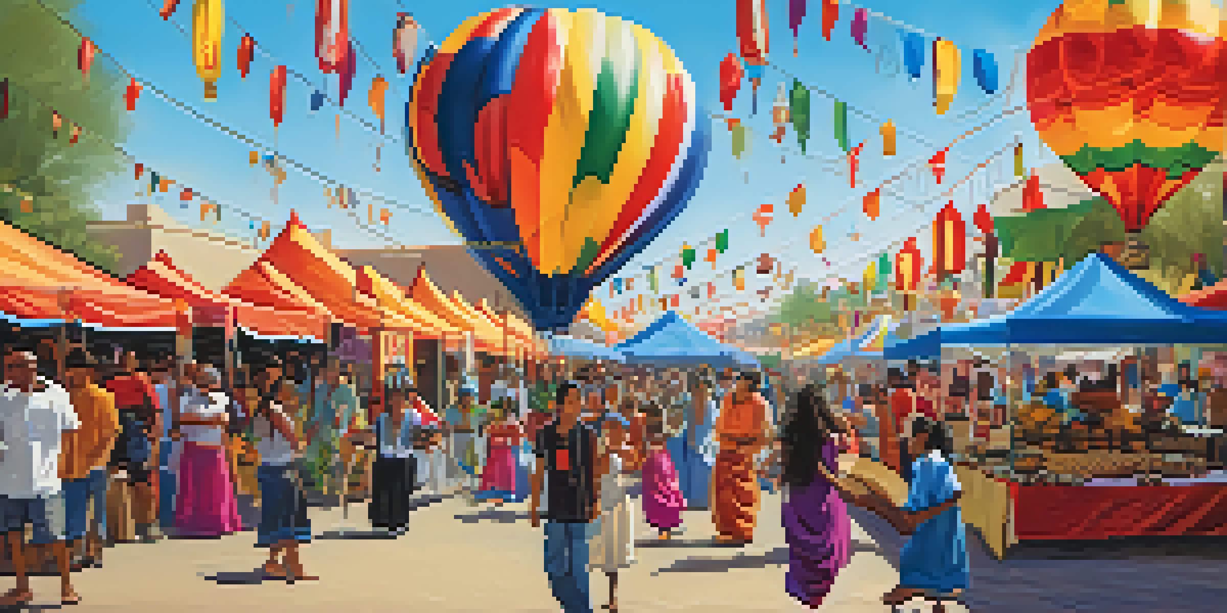 A lively community festival in Phoenix with diverse people celebrating different cultures, featuring colorful tents, music, dance, and food stalls.