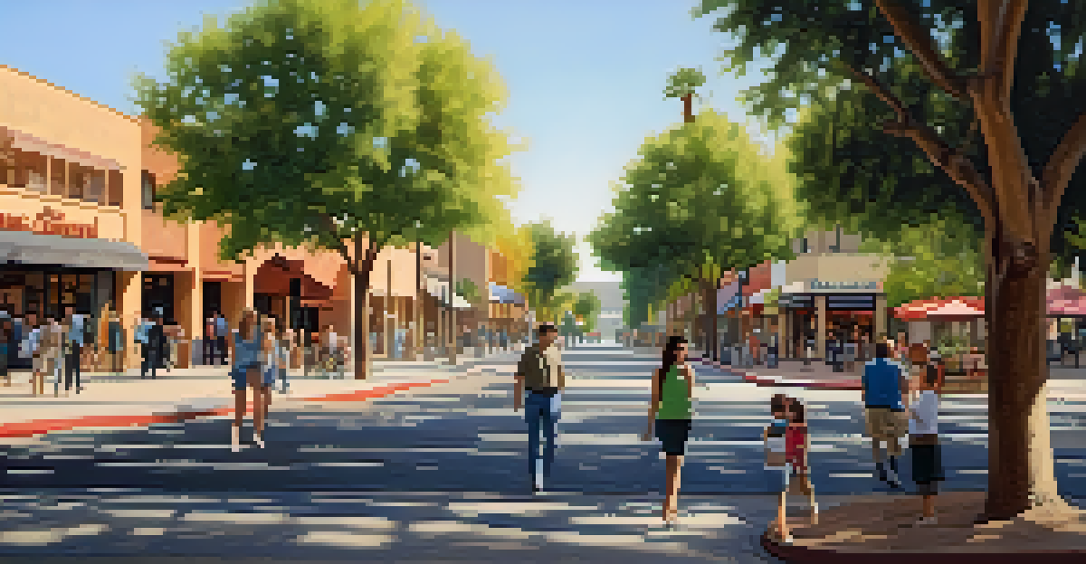 People walking in a lively neighborhood in Phoenix, with shops and trees lining the streets under bright sunlight.