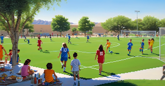 A lively soccer game at Desert West Sports Complex with players in colorful jerseys and families enjoying picnics nearby under trees.