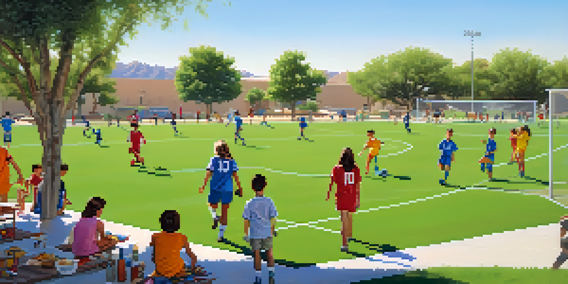 A lively soccer game at Desert West Sports Complex with players in colorful jerseys and families enjoying picnics nearby under trees.