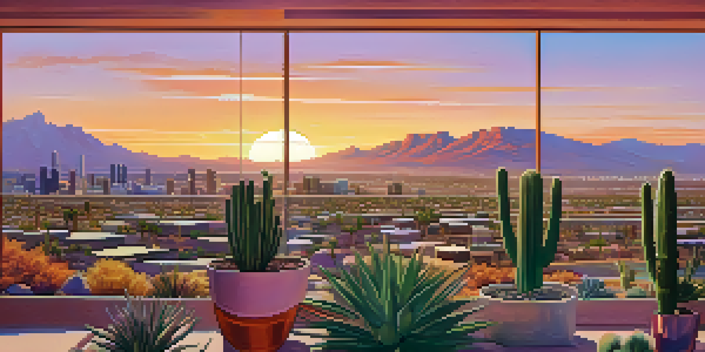 A sunset view of Phoenix's skyline featuring modern buildings, desert landscape, and colorful skies.